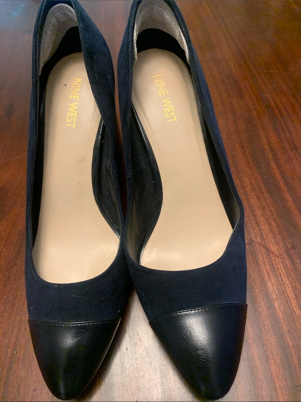 Nine West Navy Suede Pumps with Black Leather Cap Toe